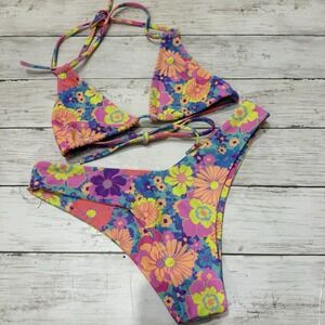 Kulani Kinis Retro Bandeau Bikini Set Floral High Leg Cheeky Size Small Summer